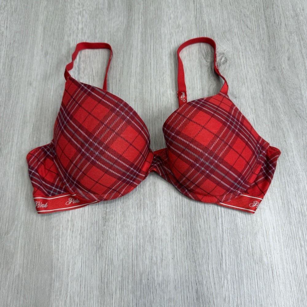 Victoria's Secret Pink Wear Everywhere Push Up Bra Red Plaid 36C